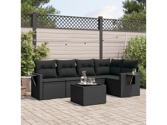 Salon de jardin 6 pcs avec coussins noir résine tressée