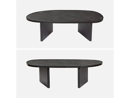 Table basse ovale bois de manguier et placage pierre noire- rebord en métal- L 119.5 x P 60 x H 35cm