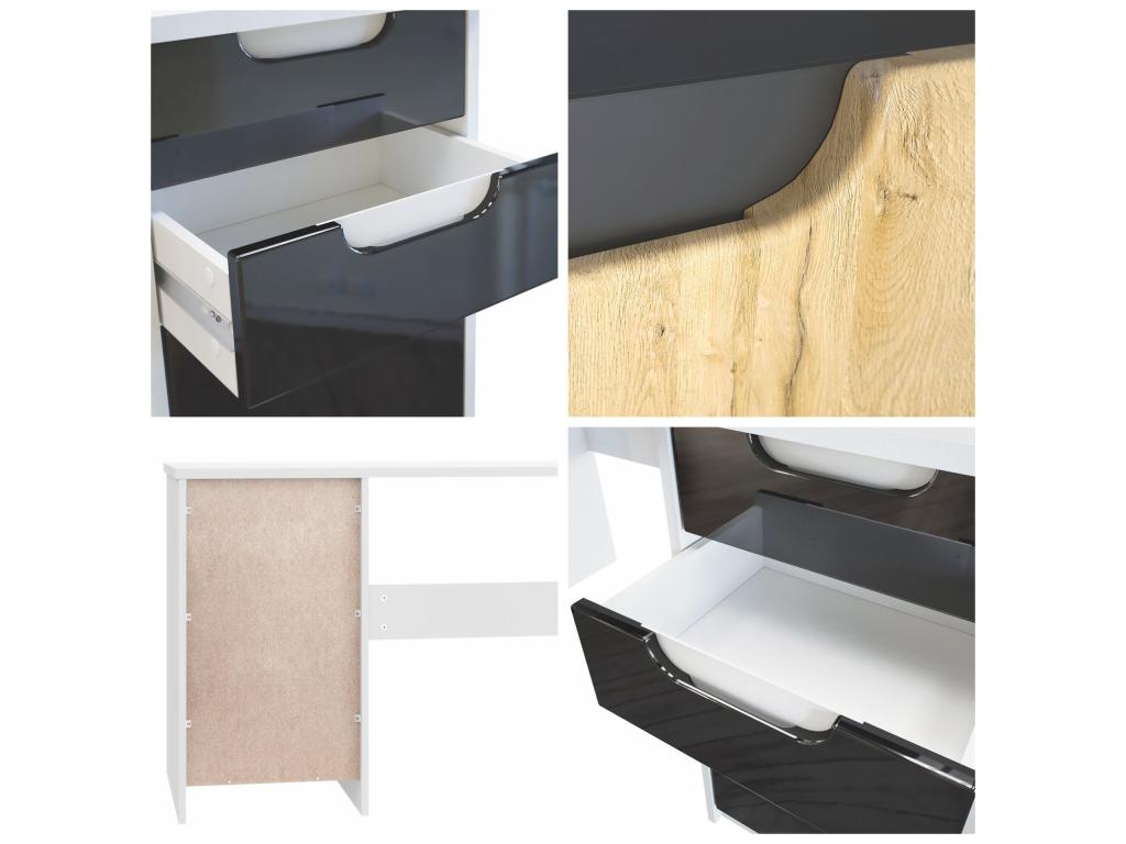 Bureau Avec 2 Tiroirs Et D'une Porte Blanc Mat/noir Haute Brillance 129x76x60 Cm