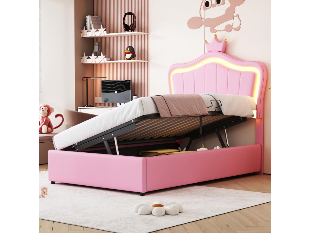 Lit coffre 90x200 cm avec tête de lit réglable et éclairage LED - simili cuir - motif couronne - rose sans matelas TONP06222
