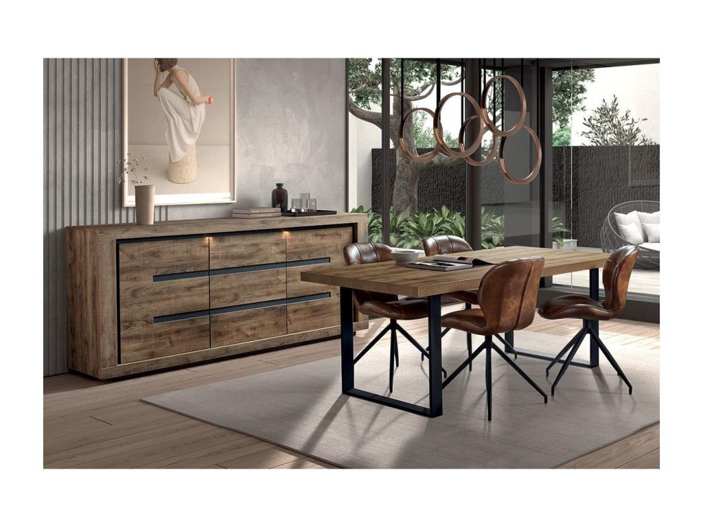 Meublori - Ensemble Buffet 3 Portes et Table 170 cm Aspect Bois Finition Meublori Piètement U Métal Noir