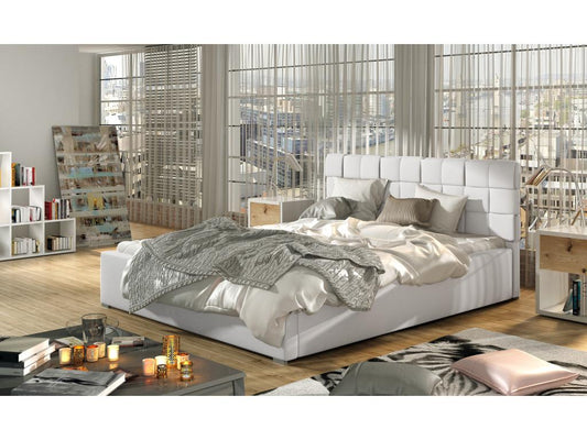 Lit avec coffre de rangement 180x200 capitonné simili cuir blanc Meublori