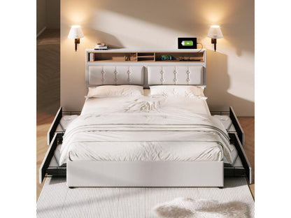 Lit double 160x200 cm avec 4 tiroirs et prise USB C - tête de lit réglable - beige TQKS57317
