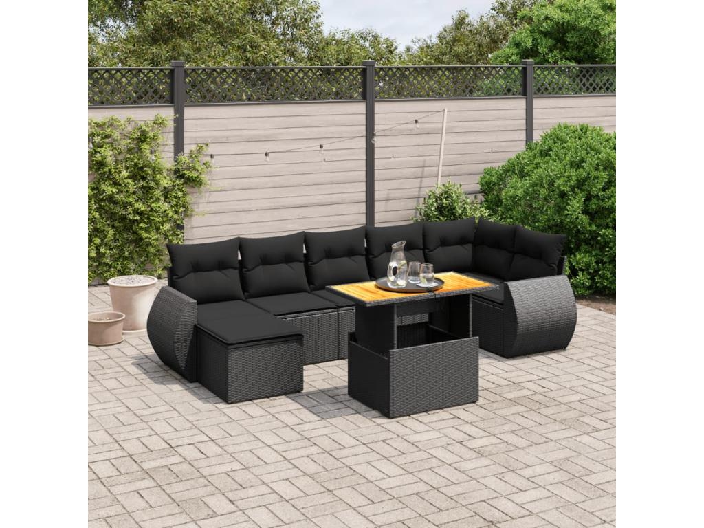 Salon de jardin 8 pcs avec coussins noir résine tressée