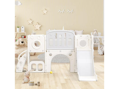 Toboggan 6 en 1 en PEHD pour enfant avec plate-forme escalier 2 zondes de rangement Meublori panier de basket gris