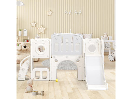 Toboggan 6 en 1 en PEHD pour enfant avec plate-forme escalier 2 zondes de rangement Meublori panier de basket gris