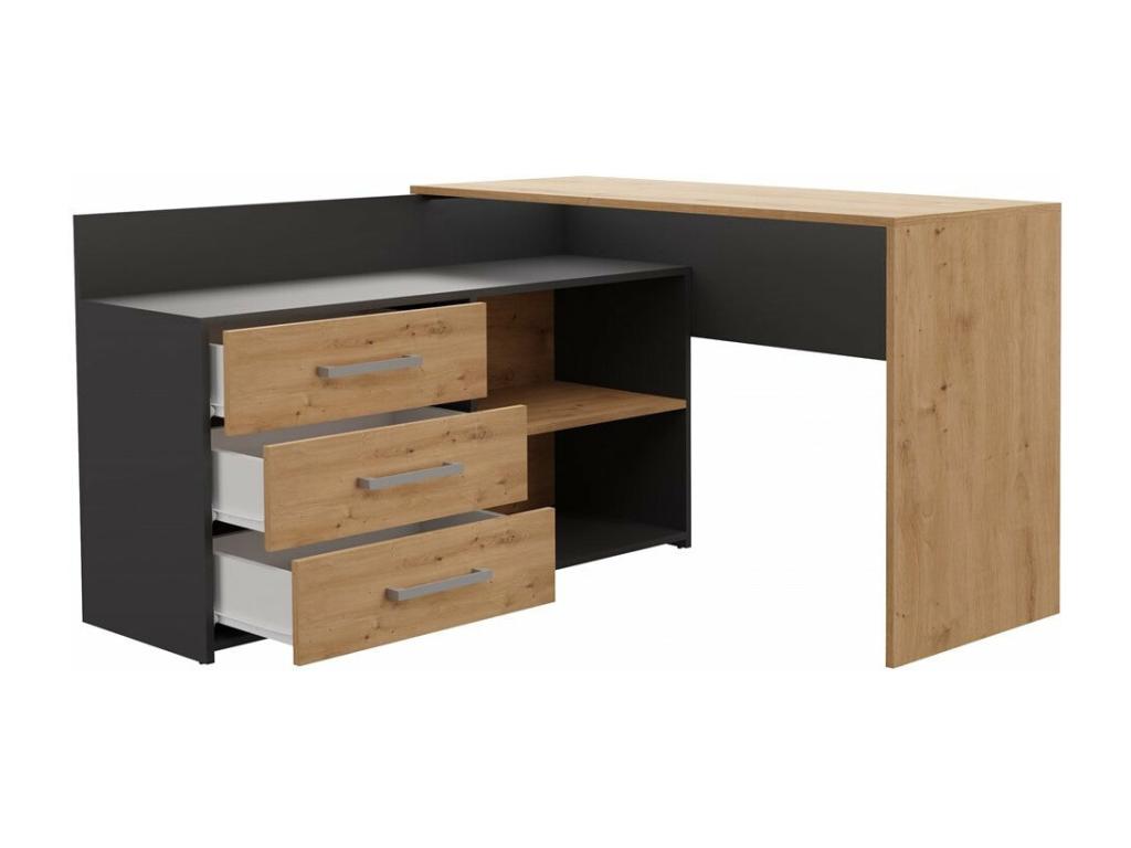bureau d'angle Meublori 3 tiroirs anthracite et bois chêne 120x50x76 cm