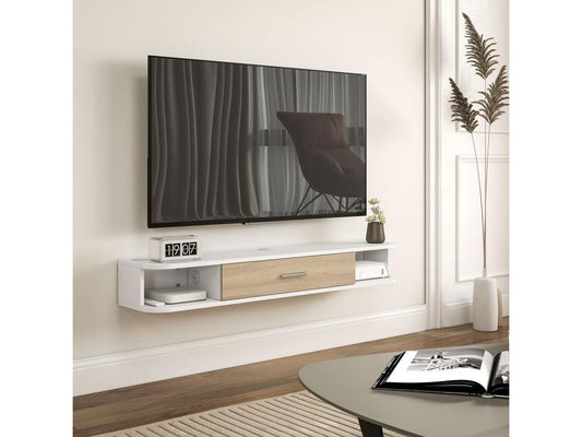 Meuble TV mural banc TV design flottant - 2 niches porte abattante - dim- 120L x 26l x 16H cm - blanc aspect chêne clair