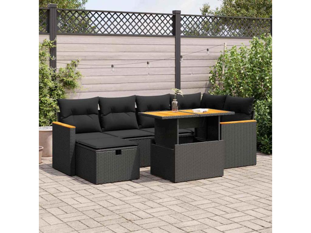 Salon de jardin 8 pcs avec coussins noir résine tressée