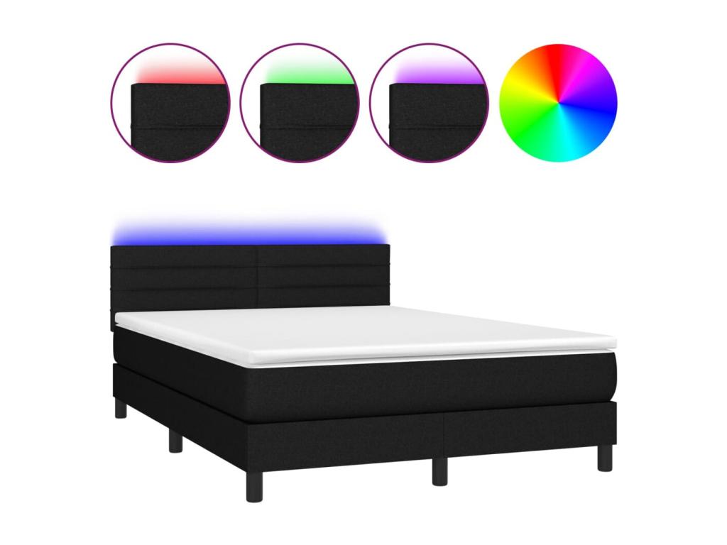 Sommier tapissier avec matelas et LED Noir 140x200 cm Tissu
