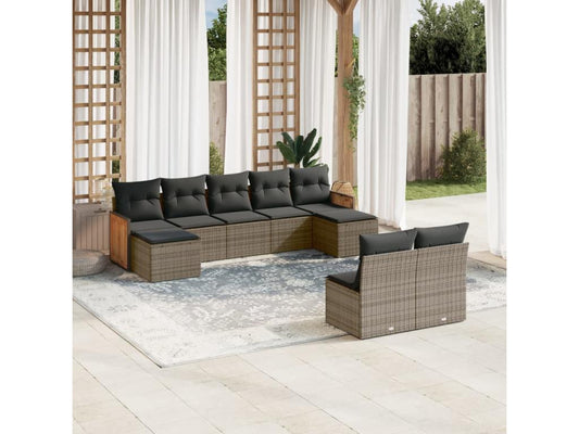 Salon de jardin 9 pcs avec coussins gris résine tressée