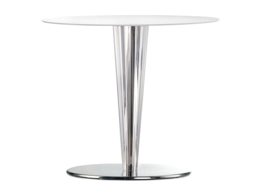 Table ronde design acier poli et plateau en stratifié blanc 130cm