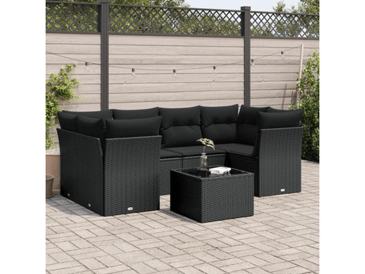 Salon de jardin 7 pcs avec coussins noir résine tressée