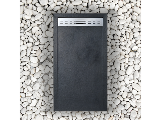 Receveur de douche 90x175 cm avec grille latérale Meublori Extra Slim noir en résine synthétique et poudre de marbre avec drain