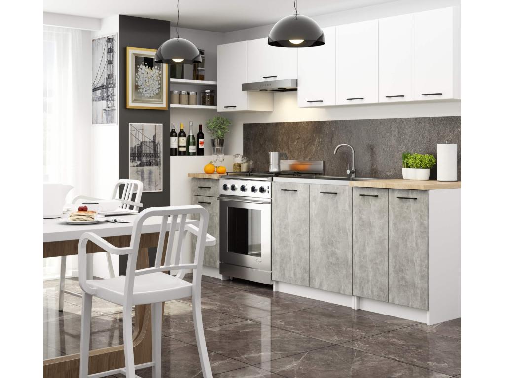 Ensemble De Cuisine Meublori Blanc 240 cm 11 portes 1 tiroir façade Béton 240x46x203 cm