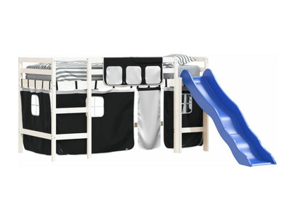 Lit mezzanine enfants et rideaux blanc/noir 90x200cm pin massif