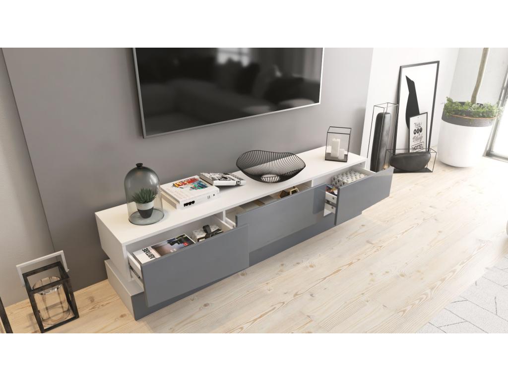 Meuble TV Avec Socle Blanc et gris Sable Haute Brillance 178 x Variable X 39 Cm