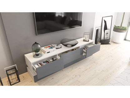 Meuble TV Avec Socle Blanc et gris Sable Haute Brillance 178 x Variable X 39 Cm