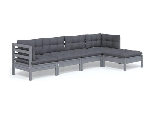 Salon de jardin 5 pièces avec coussins gris bois de pin