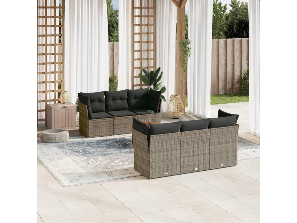 Salon de jardin avec coussins 7 pcs gris résine tressée