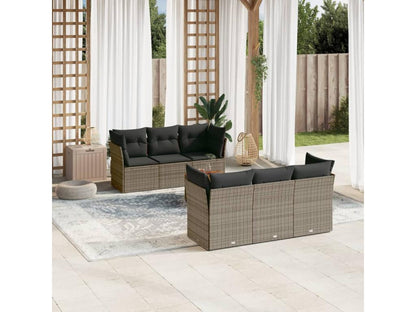 Salon de jardin avec coussins 7 pcs gris résine tressée