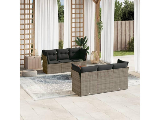 Salon de jardin avec coussins 7 pcs gris résine tressée