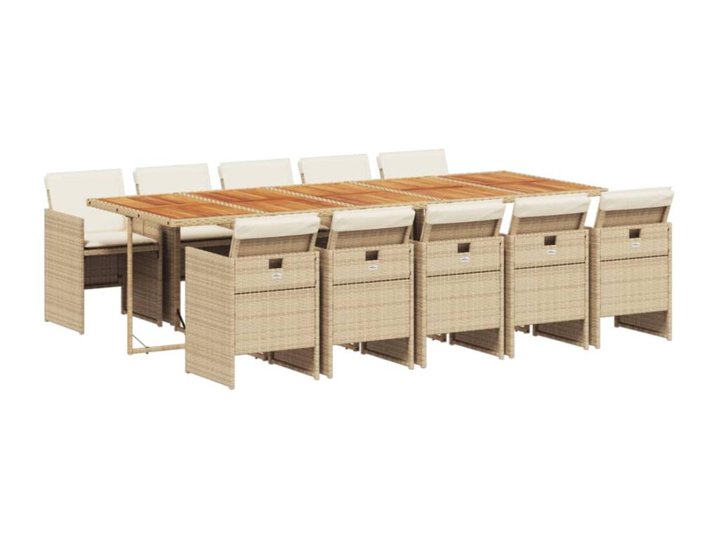 Ensemble à manger de jardin et coussins 11 pièces beige poly rotin