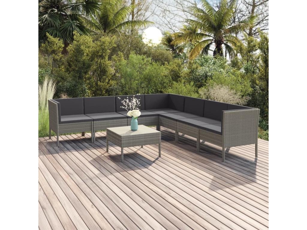 Salon de jardin 8 pièces avec coussins Résine tressée Gris EHZT10559