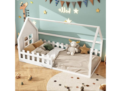Lit cabane 90x200 cm lit enfant avec fenêtre Bois en pin Sommier à Meublori Blanc