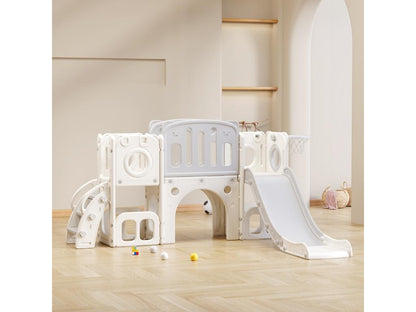 Toboggan 6 en 1 en PEHD pour enfant avec plate-forme escalier 2 zondes de rangement Meublori panier de basket gris