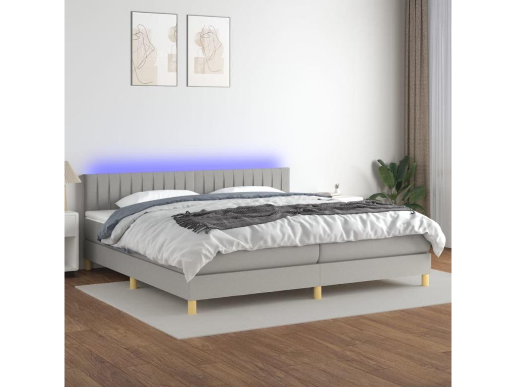 Sommier tapissier matelas et LED Gris clair 200x200 cm Tissu