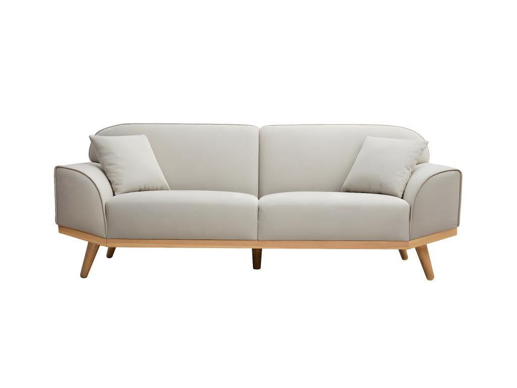 Canapé scandinave 3 places en tissu effet velours texturé beige et bois clair Meublori