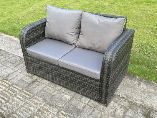Ensemble de meubles de jardin en rotin ave Table à manger réglable en hauteur Chaises inclinable Tabourets Canapé d'amour MéMeublori gris foncé