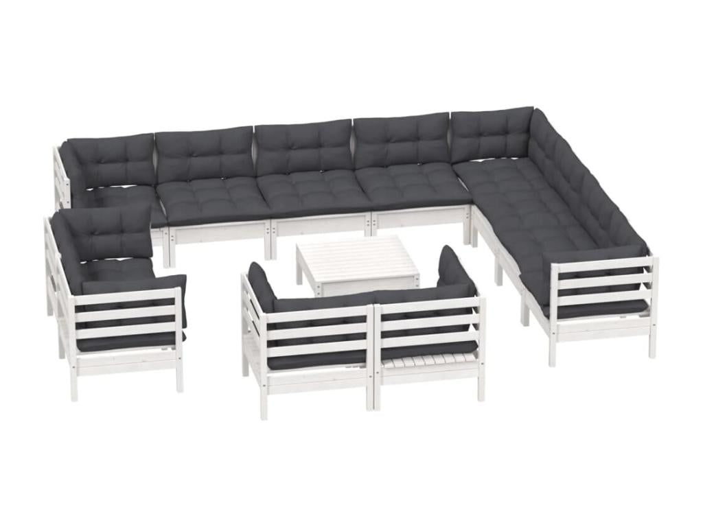 Salon de jardin 13 pcs avec coussins blanc bois de pin solide