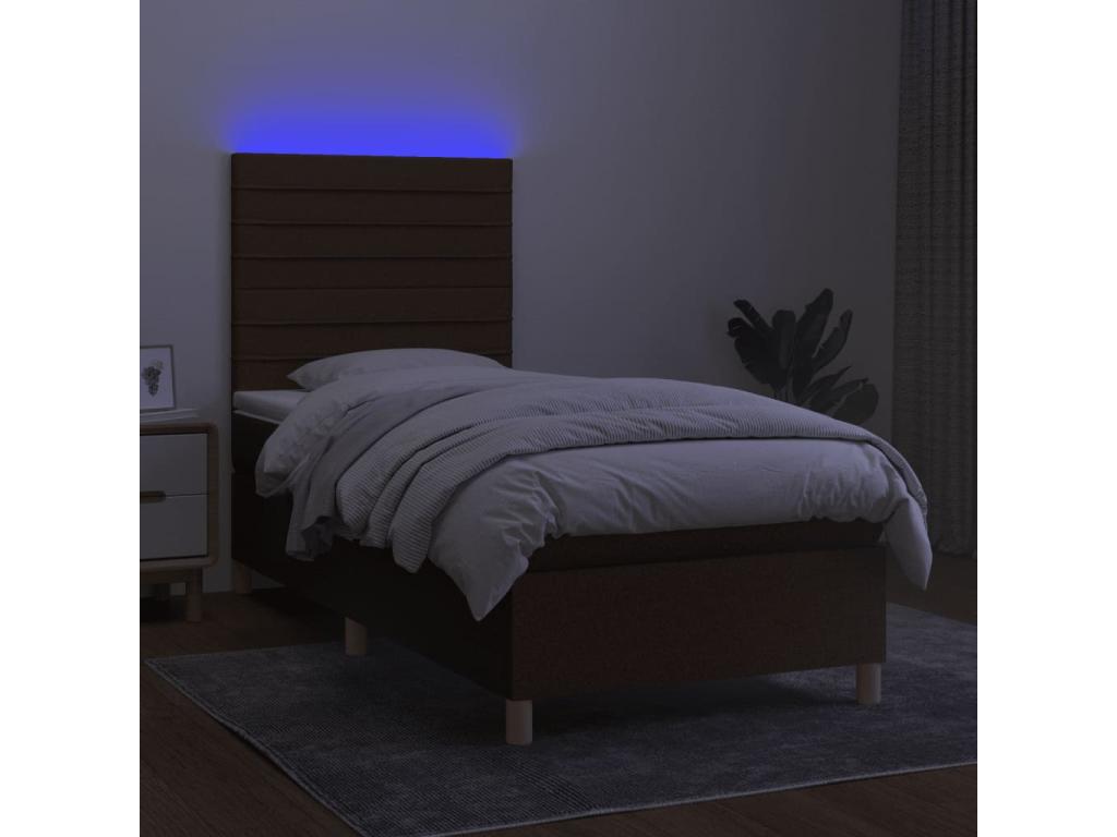 Sommier tapissier matelas et LED Marron foncé 100x200cm Tissu