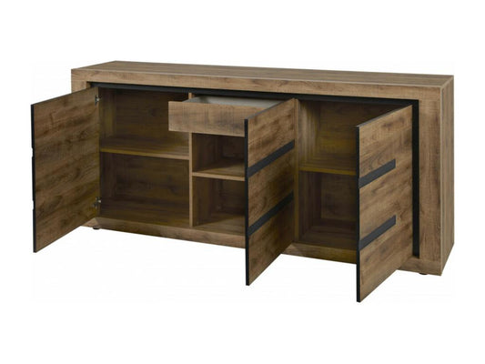 Meublori - Ensemble Buffet 3 Portes et Table 170 cm Aspect Bois Finition Meublori Piètement U Métal Noir