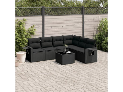 Salon de jardin 7 pcs avec coussins noir résine tressée