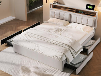 Lit double 160x200 cm avec 4 tiroirs et prise USB C - tête de lit réglable - beige TQKS57317