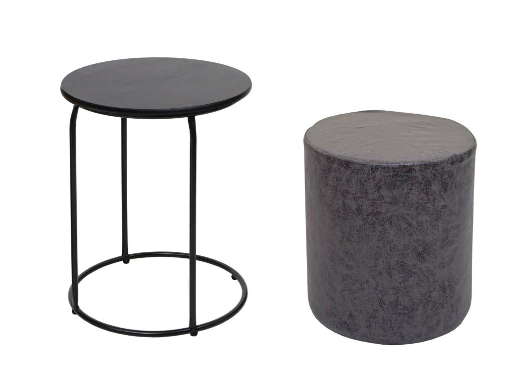 Lot de 2 poufs et table d'appoint Meublori-K48 - table basse table tabouret - certifié Meublori MDF métal similicuir - noir