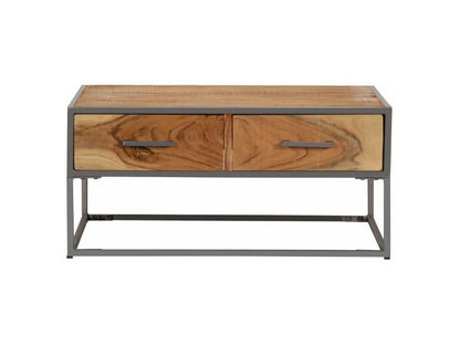 Table basse 2 tiroirs 2 tiroirs Meublori massif clair et métal gris Meublori