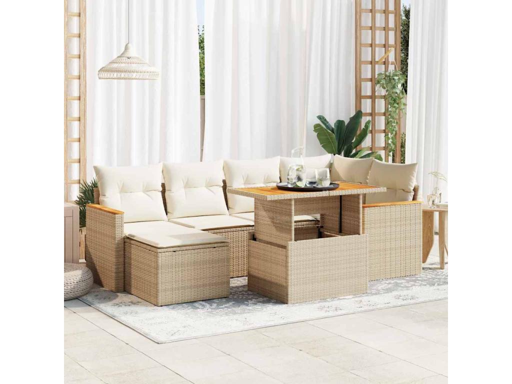 Salon de jardin avec coussins 7 pièces beige résine tressée Meublori