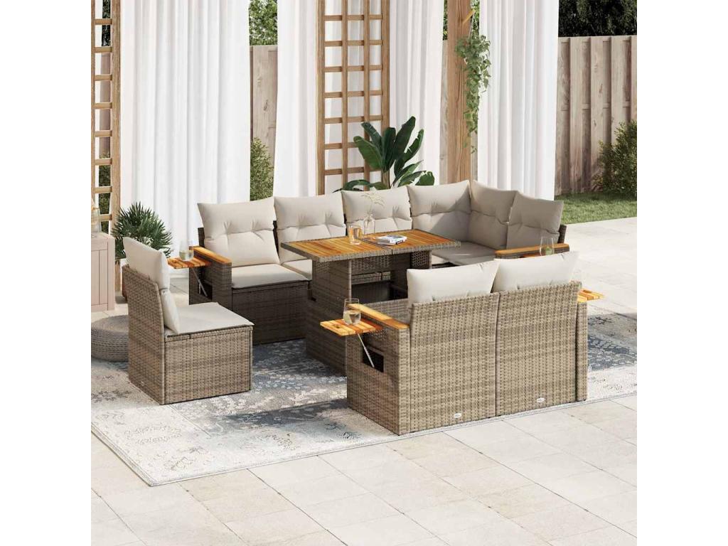 Salon de jardin avec coussins 9 pièces beige résine tressée Meublori