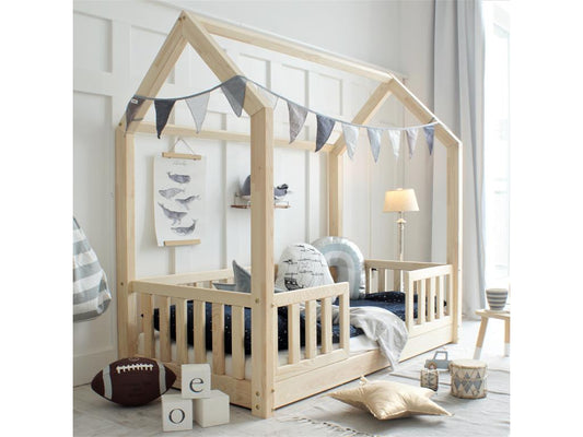 Lit cabane 90x190 barrières et sommier inclus pieds 1 cm Meublori Bois