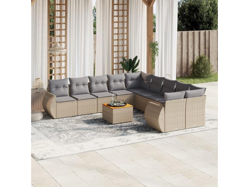 Salon de jardin 11 pcs avec coussins beige résine tressée
