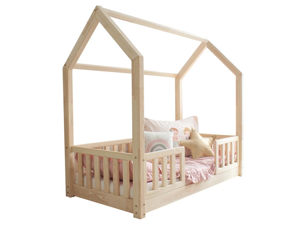 Lit cabane 90x190 barrières et sommier inclus pieds 1 cm Meublori Bois