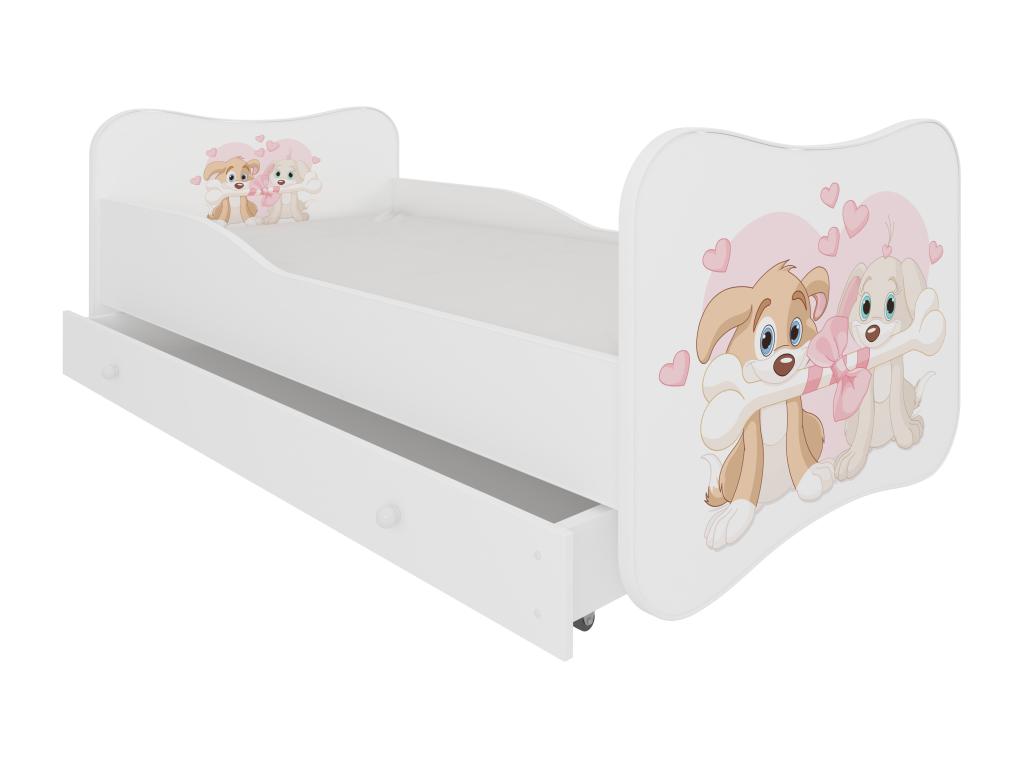 Lit enfant bois blanc à tiroirs avec imprimé chiens amoureux - Sommier et matelas inclus - Ondula-80x160