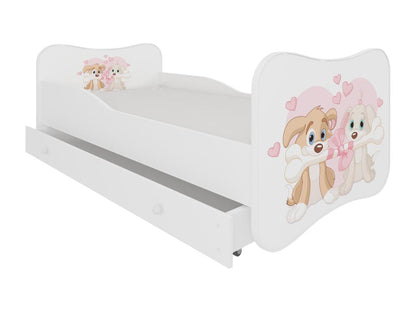 Lit enfant bois blanc à tiroirs avec imprimé chiens amoureux - Sommier et matelas inclus - Ondula-80x160