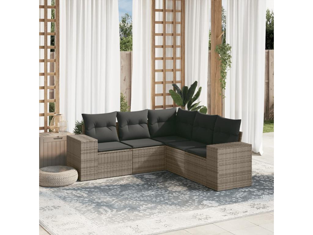 Salon de jardin 5 pcs avec coussins gris résine tressée