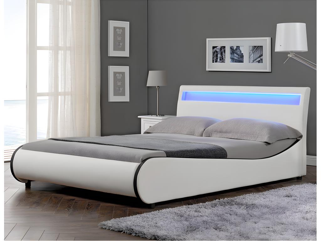 Cadre de Lit Double Meublori à LED 140x200 cm Simili avec Sommier à Meublori Blanc Meublori