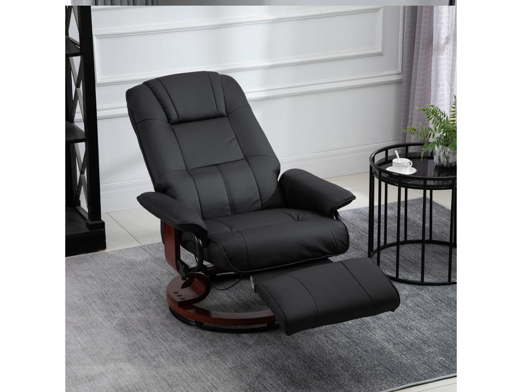 Fauteuil Meublori inclinable repose-pieds réglable pivotant 360 piètement bois revêtement PU noir